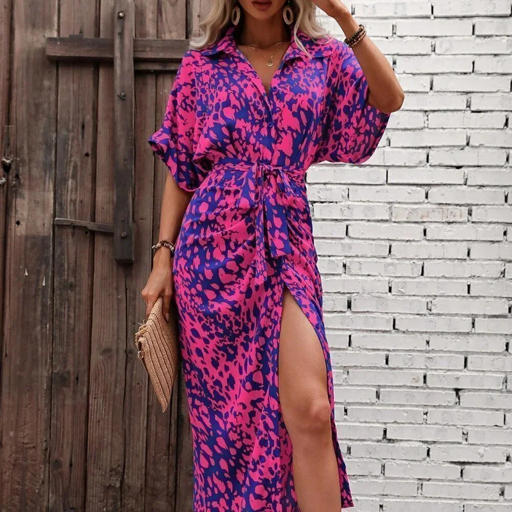 Multicolor Boho Womens Allover Print Batwing Sleeve Belted Shirt Dress - Picture 4 of 5